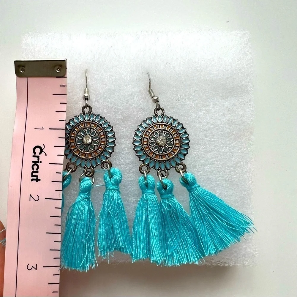 Blue Tassel Boho Flower Rarrings